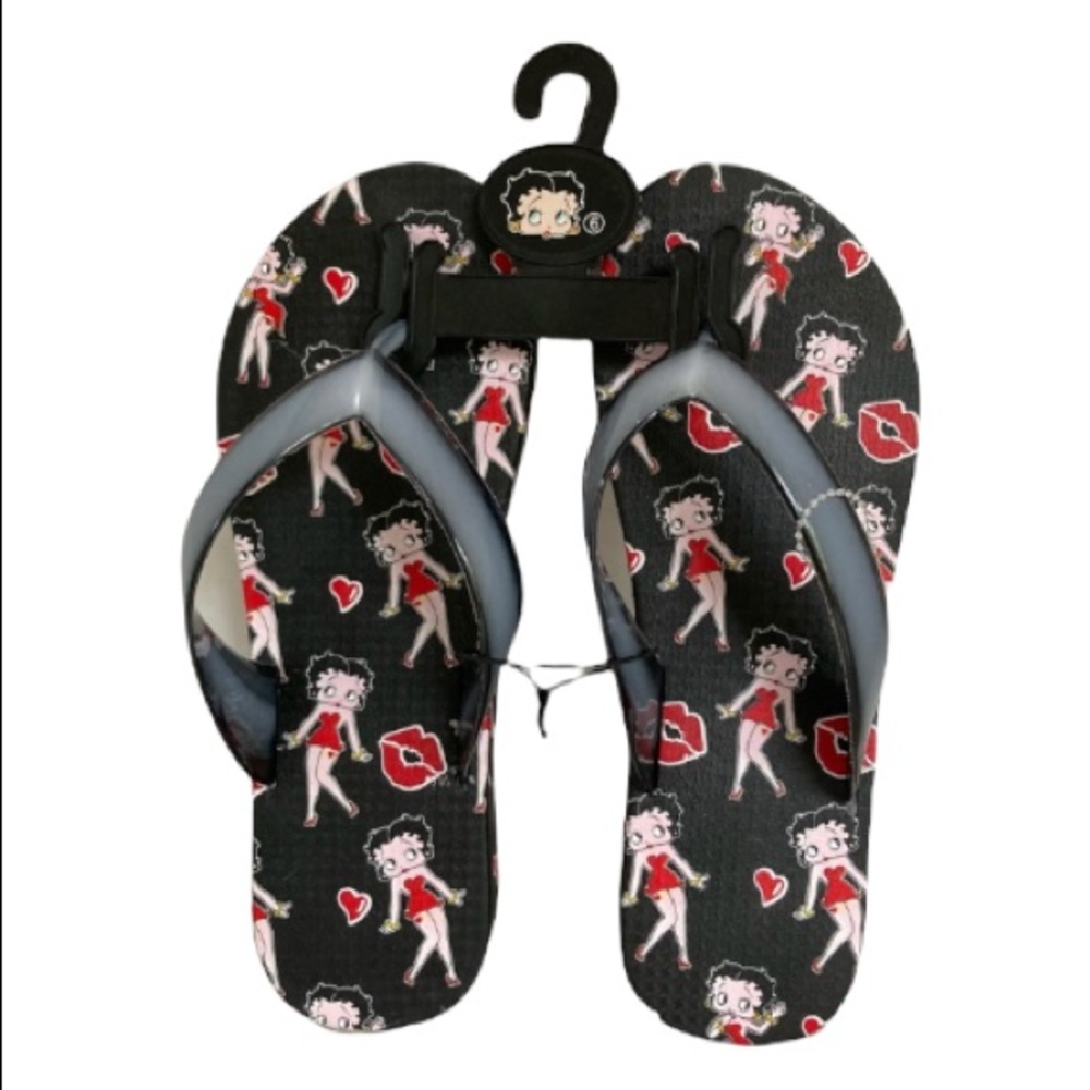 BETTY BOOP Women's Flip Flop Sandal Thong (Black Pose Wedge) Size 6